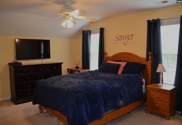 5102 Circle Dr, Columbia, SC 29206 - bedroom with light carpet, vaulted ceiling, and a ceiling fan