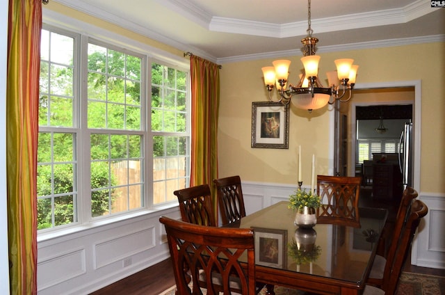 5102 Circle Dr, Columbia, SC 29206 - dining room with a decorative wall, a chandelier, plenty of natural light, a wainscoted wall, and ornamental molding