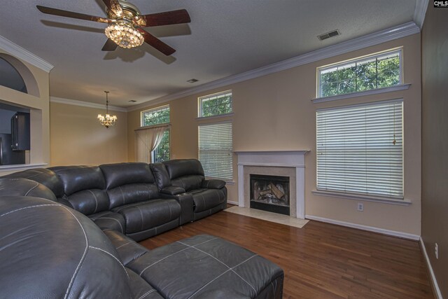 409 Waterville Dr, Columbia, SC 29229 - living room with a chandelier, wood finished floors, ornamental molding, baseboards, and ceiling fan