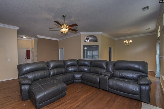 409 Waterville Dr, Columbia, SC 29229 - living room featuring wood finished floors, ceiling fan, a chandelier, a textured ceiling, and baseboards