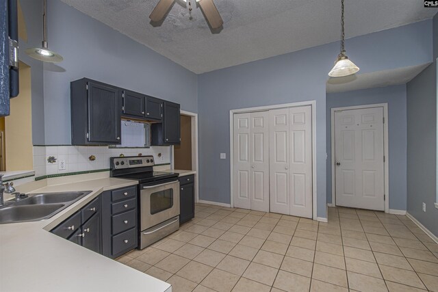 409 Waterville Dr, Columbia, SC 29229 - kitchen featuring electric stove, a sink, light tile patterned flooring, ceiling fan, and light countertops