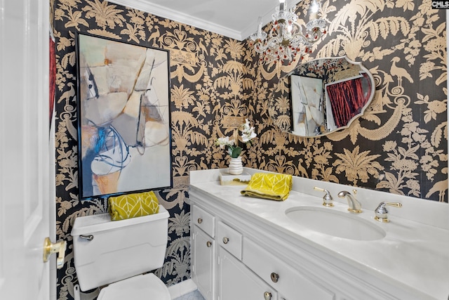 1829 Senate St Unit 17D, Columbia, SC 29201 - bathroom featuring wallpapered walls, ornamental molding, toilet, and vanity