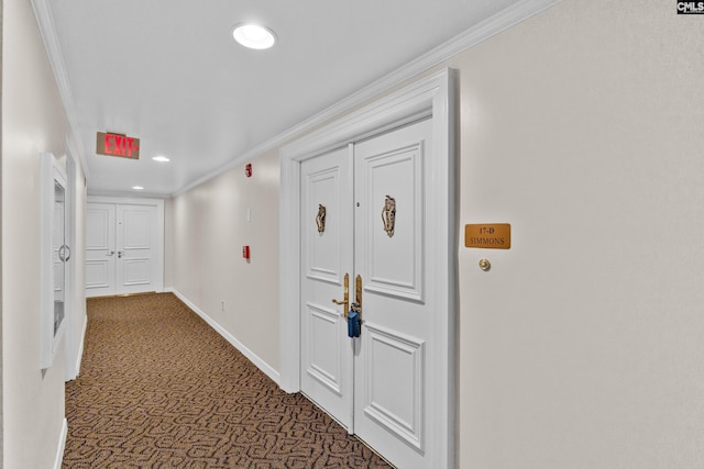 1829 Senate St Unit 17D, Columbia, SC 29201 - hall featuring dark colored carpet, recessed lighting, baseboards, and ornamental molding