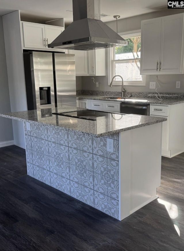 2009 Woodfield Dr, Columbia, SC 29223 - kitchen with island range hood, stainless steel fridge, black electric cooktop, white cabinets, and dark wood-style flooring