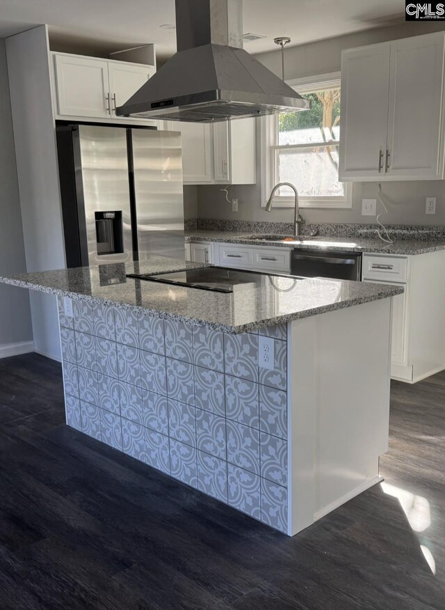 2009 Woodfield Dr, Columbia, SC 29223 - kitchen with island range hood, stainless steel fridge, black electric cooktop, white cabinets, and dark wood-style flooring