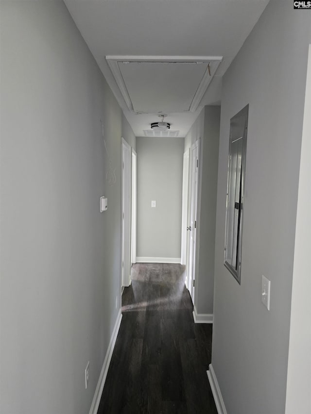 2009 Woodfield Dr, Columbia, SC 29223 - corridor featuring attic access, dark wood-style flooring, and baseboards