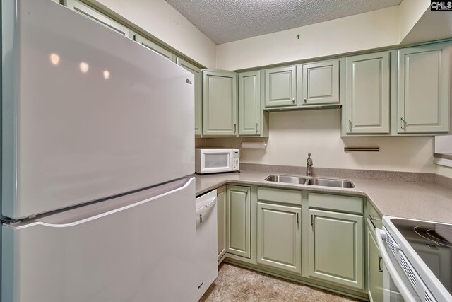 kitchen featuring white appliances, green cabinets, a sink, a textured ceiling, and light countertops