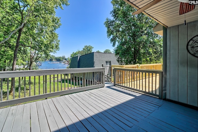 wooden deck with a water view and fence
