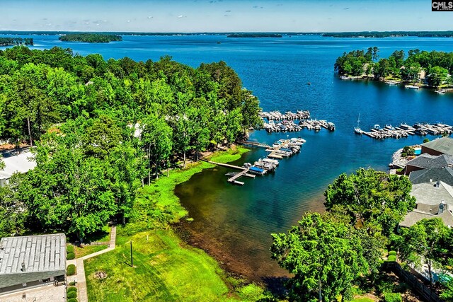 aerial view of a large body of water and numerous boat docks