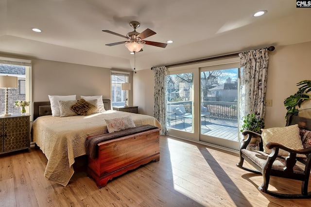bedroom featuring access to exterior, light wood-style floors, recessed lighting, and ceiling fan