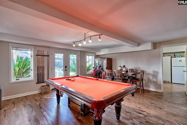 game room featuring french doors, baseboards, billiards table, and wood finished floors