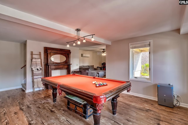 rec room featuring billiards table, wood finished floors, baseboards, a ceiling fan, and a wall mounted air conditioner