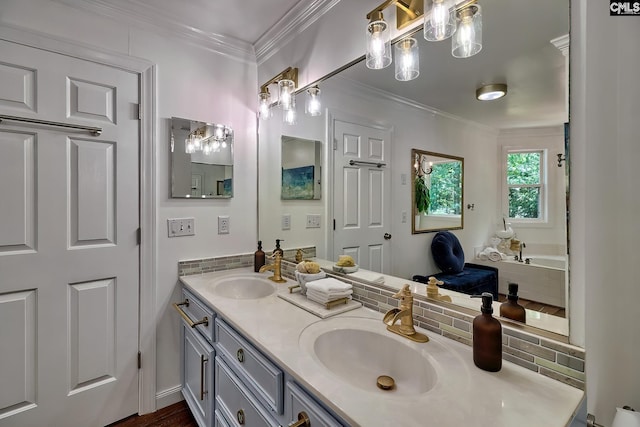 bathroom featuring double vanity and ornamental molding