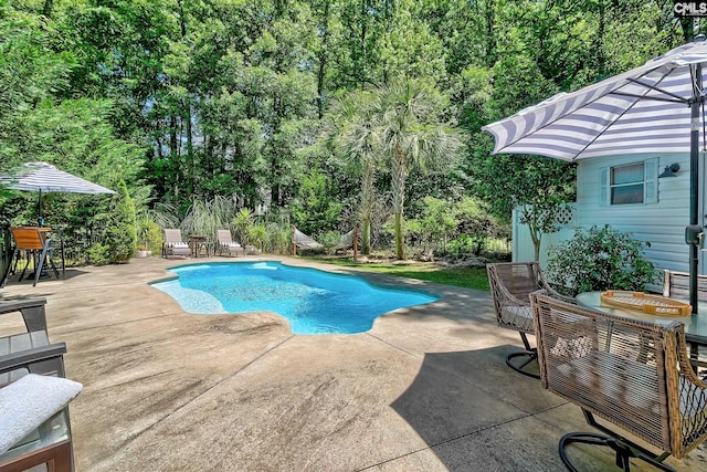 swimming pool with outdoor dining area and a patio