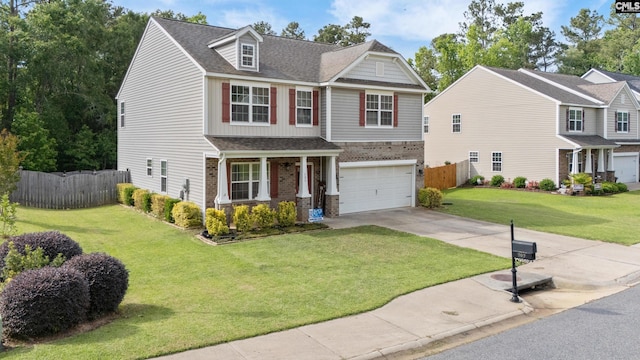 view of front of home featuring brick siding, a garage, a porch, driveway, and roof with shingles