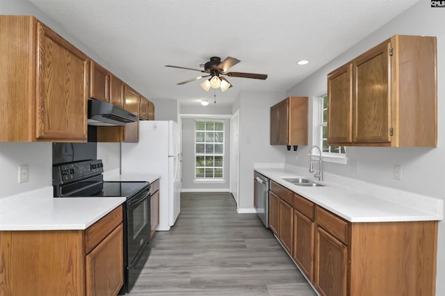 kitchen featuring black range with electric cooktop, under cabinet range hood, a sink, stainless steel dishwasher, and a ceiling fan