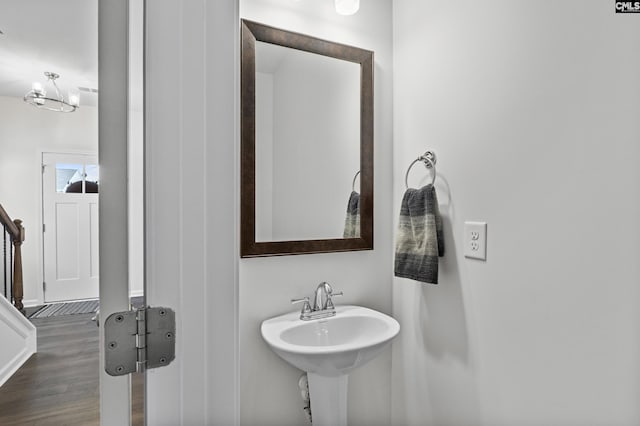 bathroom with wood finished floors and a sink