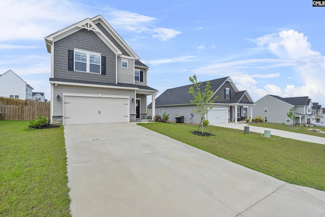 craftsman-style house featuring an attached garage, concrete driveway, stone siding, and a residential view