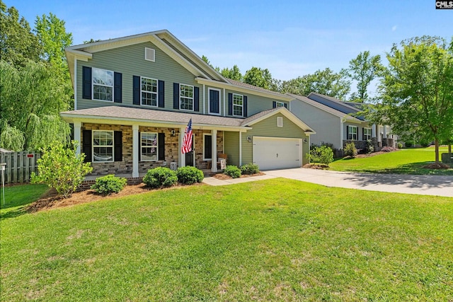 view of front of property with covered porch, concrete driveway, and a garage