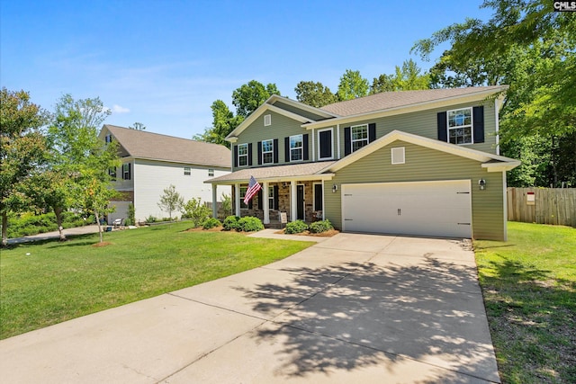 view of front of home featuring covered porch, concrete driveway, a garage, and a shingled roof