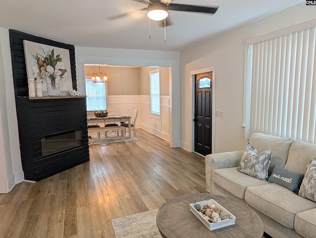 living room featuring light wood-type flooring, ceiling fan, a chandelier, and a wainscoted wall