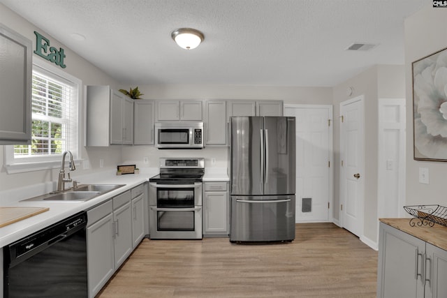 117 Rosewood Ln, Lexington, SC 29072 - kitchen with appliances with stainless steel finishes, a sink, gray cabinetry, light wood-type flooring, and a textured ceiling