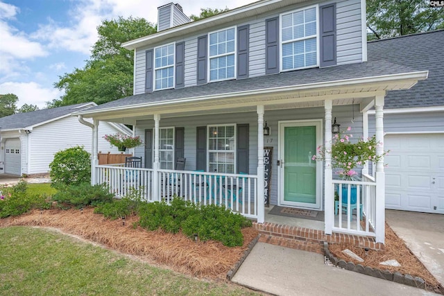 117 Rosewood Ln, Lexington, SC 29072 - view of front of property featuring a porch, a chimney, a shingled roof, and a garage