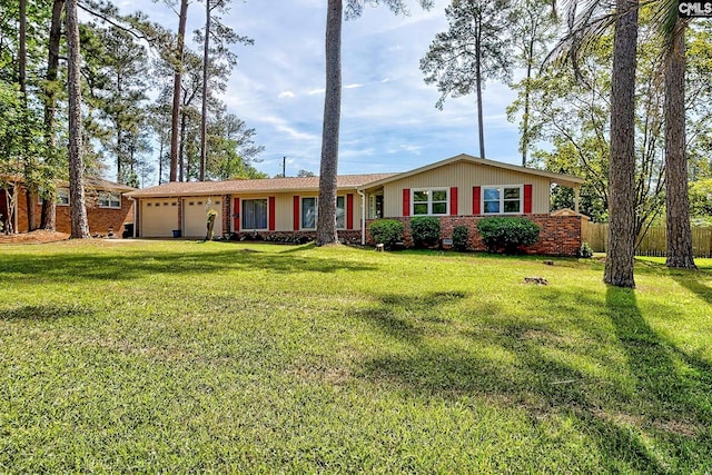ranch-style home with a garage and brick siding