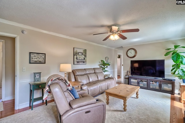 living area with a ceiling fan, crown molding, a textured ceiling, wood finished floors, and baseboards