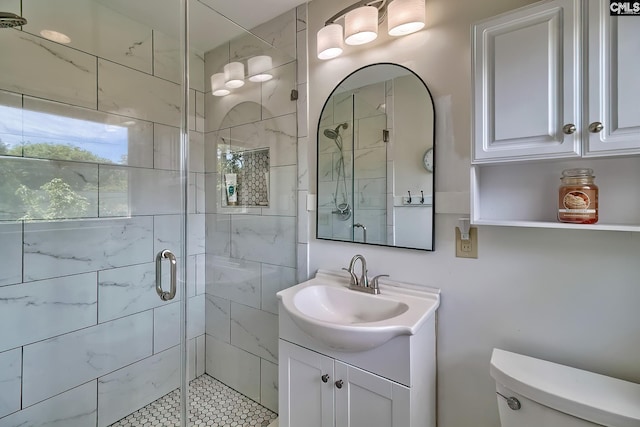 full bath featuring toilet, a shower stall, and vanity