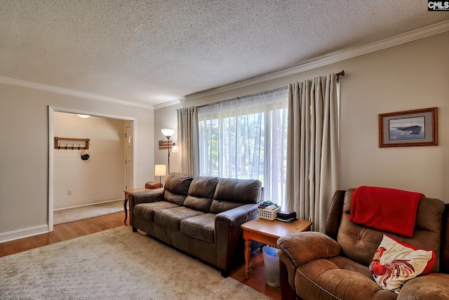 living area featuring crown molding, a textured ceiling, wood finished floors, and baseboards