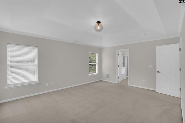 spare room featuring a tray ceiling, light carpet, and baseboards
