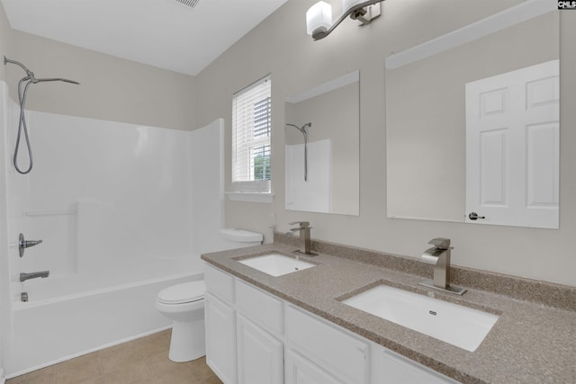 bathroom featuring shower / bathtub combination, toilet, tile patterned floors, and double vanity