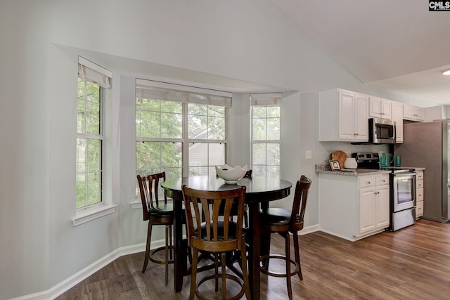 dining room featuring dark wood-style floors, baseboards, plenty of natural light, and lofted ceiling