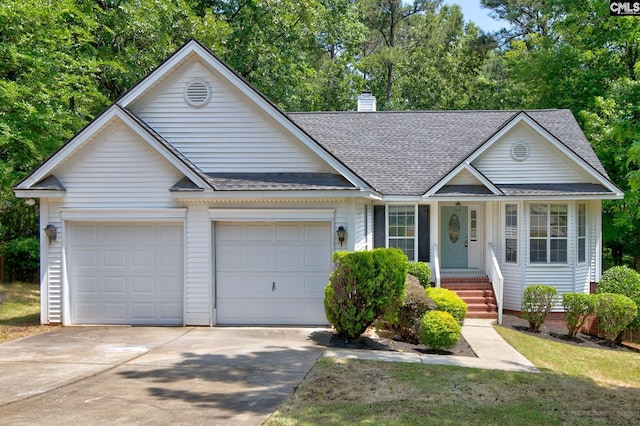 view of front of property with a garage, a shingled roof, driveway, a chimney, and a porch
