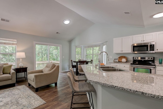 kitchen with stainless steel appliances, a sink, open floor plan, white cabinetry, and high vaulted ceiling