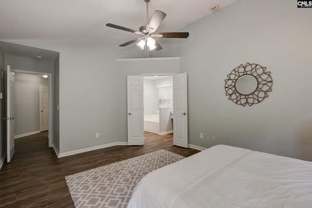 bedroom with dark wood-style flooring, baseboards, vaulted ceiling, and a ceiling fan