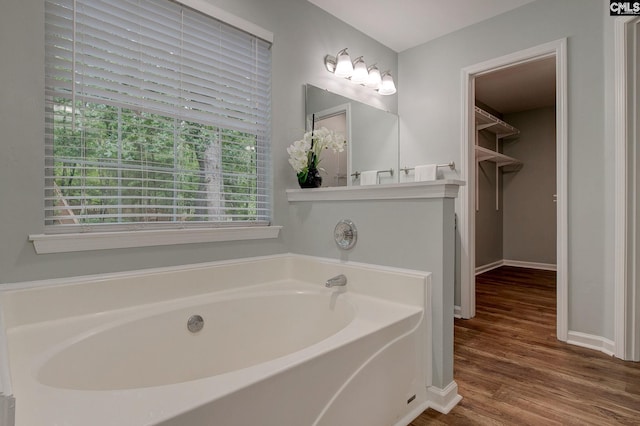 bathroom with a garden tub, wood finished floors, baseboards, and a spacious closet