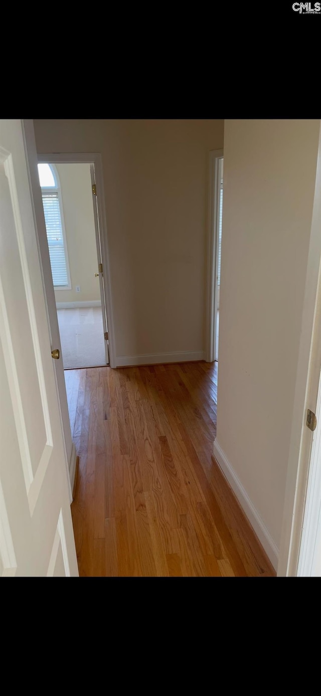 hall featuring light wood-type flooring and baseboards