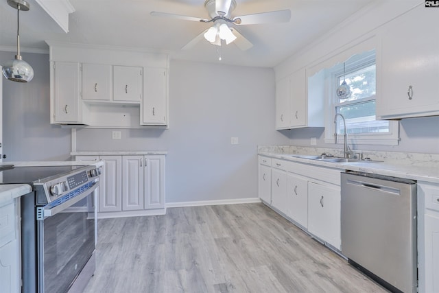 kitchen with appliances with stainless steel finishes, a sink, ceiling fan, light countertops, and white cabinets
