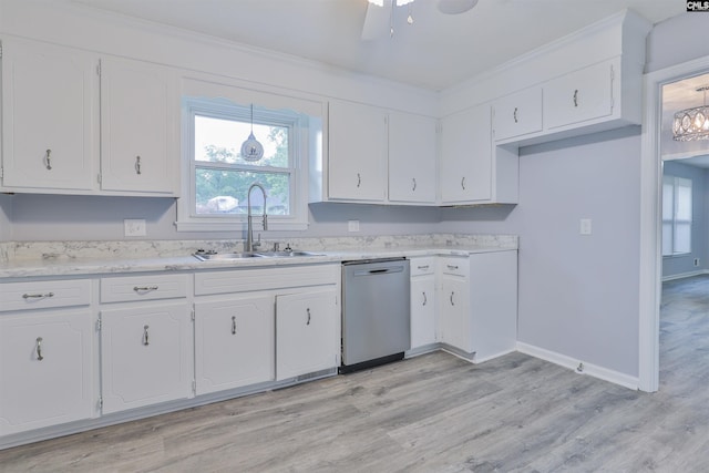 kitchen featuring dishwasher, a sink, white cabinetry, light countertops, and light wood-style floors