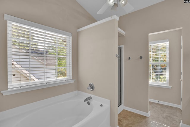 103 Beacon Ln, Columbia, SC 29229 - full bathroom with a shower stall, a garden tub, a ceiling fan, and lofted ceiling
