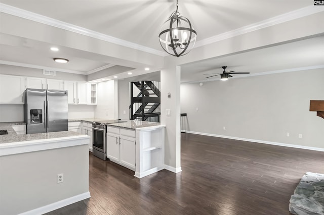 284 Outrigger Ln, Columbia, SC 29212 - kitchen with stainless steel appliances, open shelves, a chandelier, dark wood-style flooring, and ornamental molding
