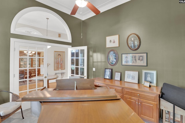 17 Laurel Bluff Ct, Columbia, SC 29229 - home office with ornamental molding, a ceiling fan, and a chandelier