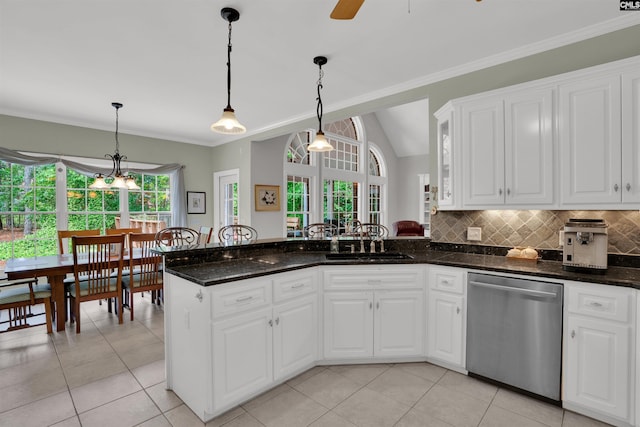 17 Laurel Bluff Ct, Columbia, SC 29229 - kitchen featuring dishwasher, a sink, a peninsula, white cabinetry, and ornamental molding