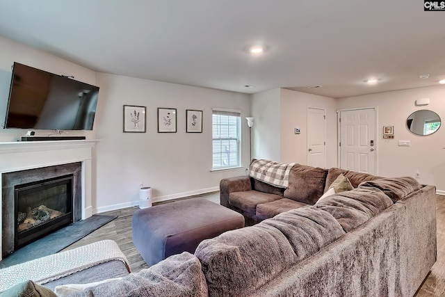 2040 Elmridge Rd, Columbia, SC 29209 - living area with wood finished floors, baseboards, a glass covered fireplace, and recessed lighting