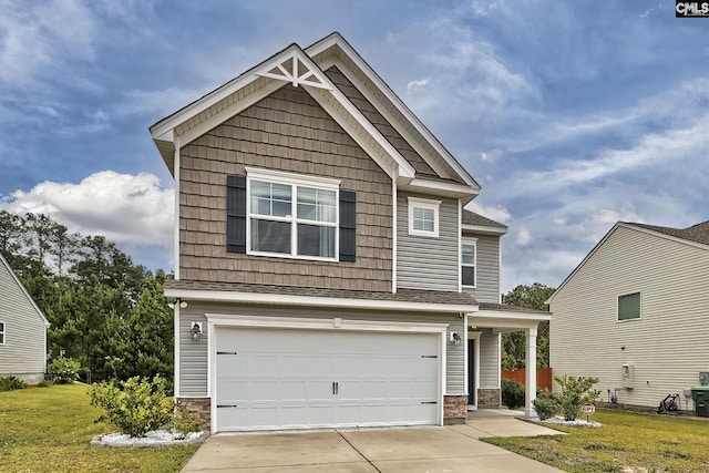 171 Turnfield Dr, West Columbia, SC 29170 - craftsman-style house with a garage, concrete driveway, stone siding, and a front lawn