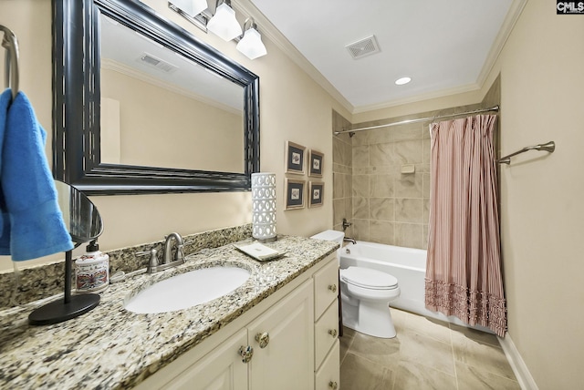 full bathroom with crown molding, toilet, vanity, shower / bathtub combination with curtain, and recessed lighting