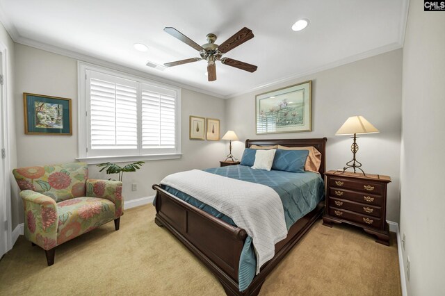 1025 Old Forge Ct, Chapin, SC 29036 - bedroom with light colored carpet, ornamental molding, baseboards, recessed lighting, and a ceiling fan
