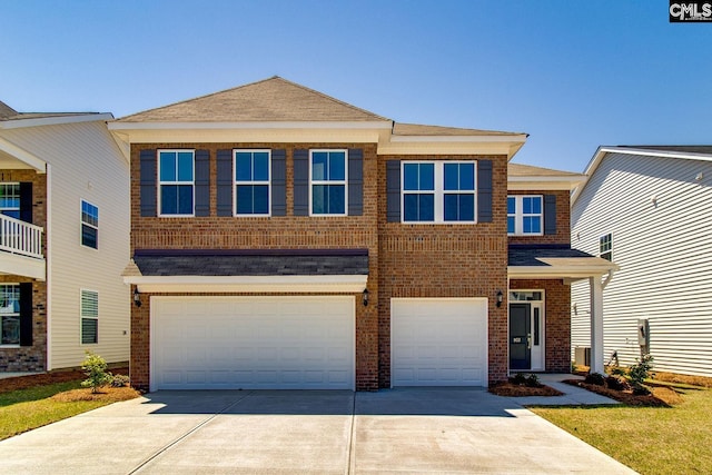 view of front facade with brick siding, concrete driveway, a garage, and a shingled roof